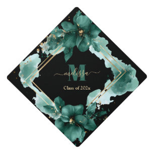 Elegant Gold Green Floral Monogram graduate name Graduation Cap Topper