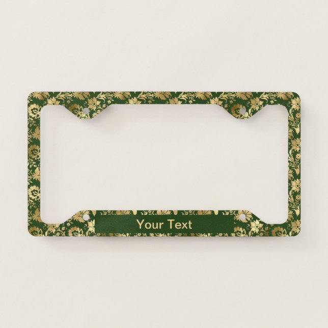 Elegant Gold Green Floral Personalized License Plate Frame (Front)