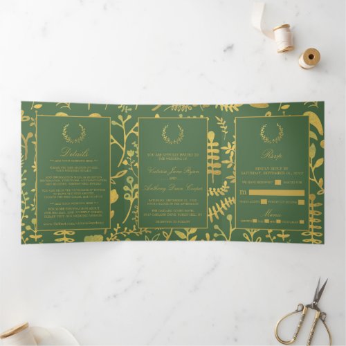 Elegant Gold  Green Floral Wreath Wedding Suite Tri_Fold Invitation