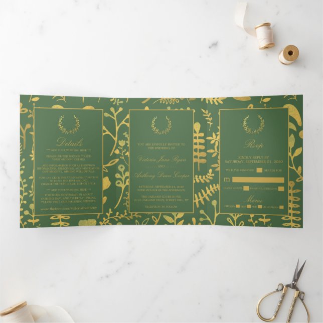 Elegant Gold & Green Floral Wreath Wedding Suite Tri-Fold Invitation (Inside)