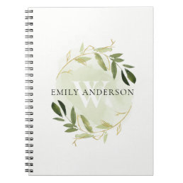 ELEGANT GOLD GREEN FOLIAGE WATERCOLOR WREATH NOTEBOOK