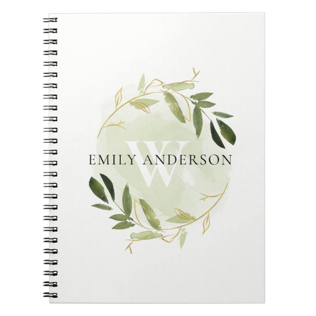 ELEGANT GOLD GREEN FOLIAGE WATERCOLOR WREATH NOTEBOOK (Front)