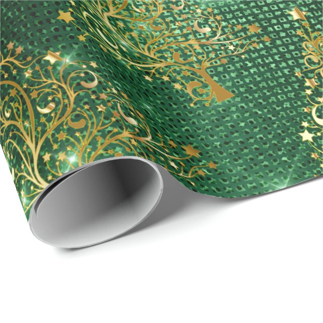 Elegant Gold Green Glitter Christmas Tree Pattern Wrapping Paper (Roll Corner)