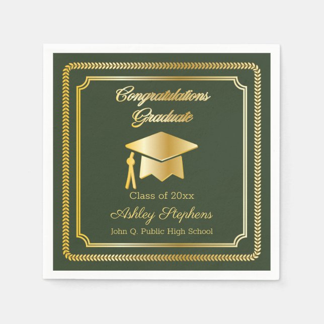 Elegant Gold | Green Grad Cap Class of 2023 Napkins (Front)