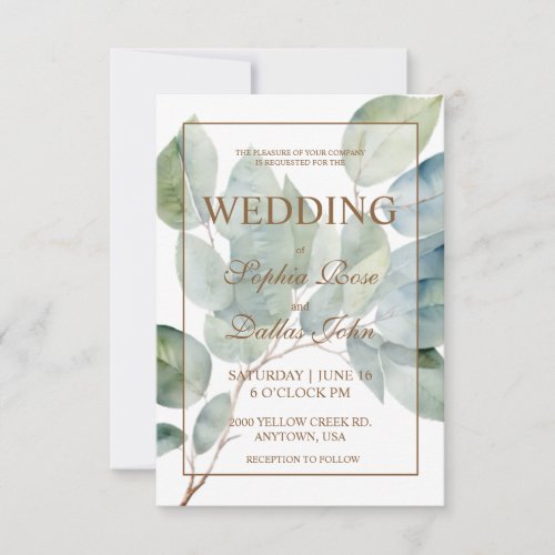 Elegant gold green greenery calligraphy Wedding Invitation