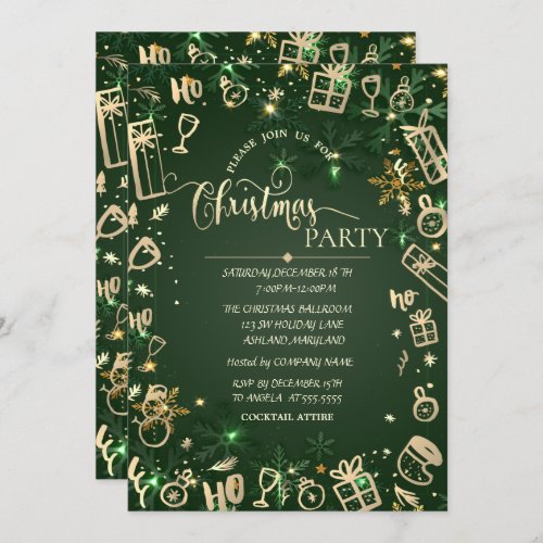 Elegant Gold Green Holiday Christmas Company Invitation