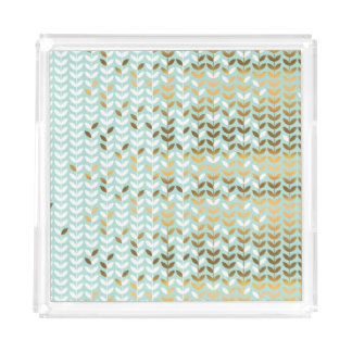 Elegant Gold Green Leaf Pattern Acrylic Tray