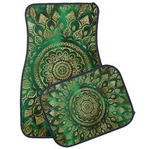 Elegant Gold Green Mandala Floral Car Floor Mat
