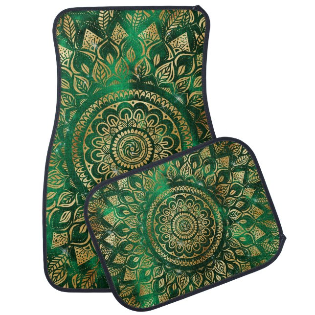 Elegant Gold Green Mandala Floral Car Floor Mat (Set)