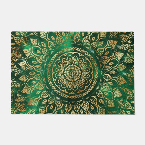 Elegant Gold Green Mandala Floral Doormat