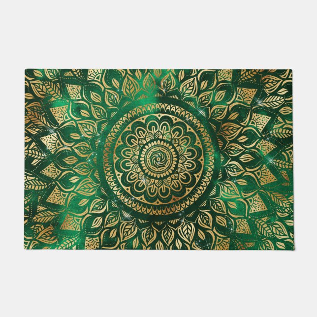 Elegant Gold Green Mandala Floral Doormat (Front)