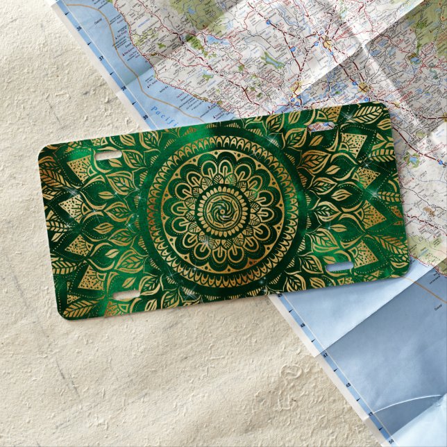 Elegant Gold Green Mandala Floral License Plate (In Situ)