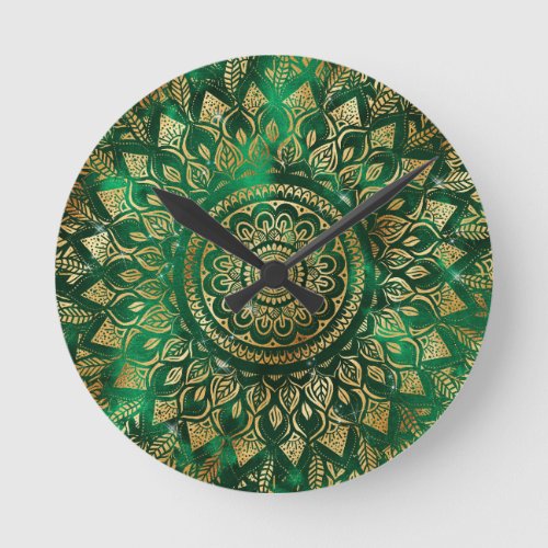 Elegant Gold Green Mandala Floral Round Clock