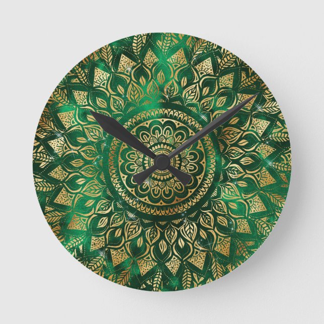 Elegant Gold Green Mandala Floral Round Clock (Front)