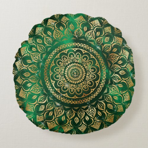 Elegant Gold Green Mandala Floral Round Pillow