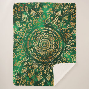 Elegant Gold Green Mandala Floral Sherpa Blanket