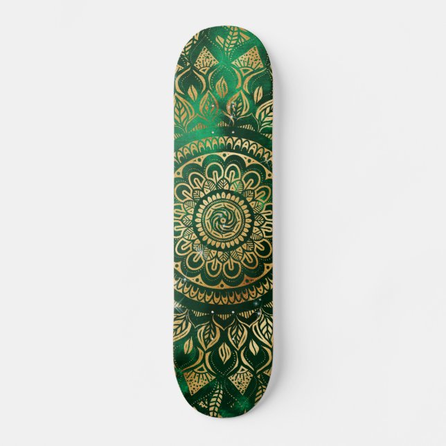 Elegant Gold Green Mandala Floral Skateboard (Front)