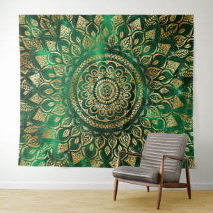 Elegant Gold Green Mandala Floral Tapestry