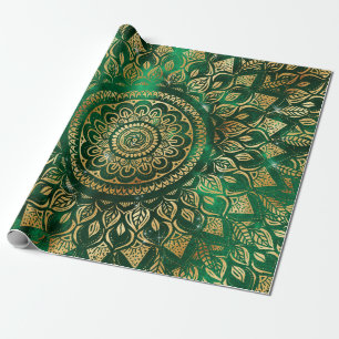 Elegant Gold Green Mandala Floral Wrapping Paper