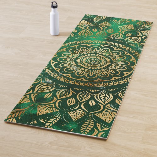 Elegant Gold Green Mandala Floral Yoga Mat