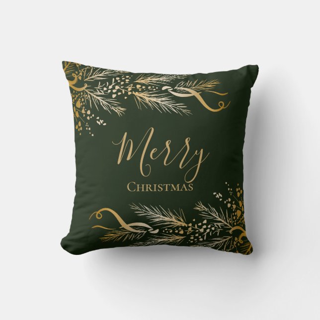 Elegant Gold Green Personalized Merry Christmas Throw Pillow (Front)