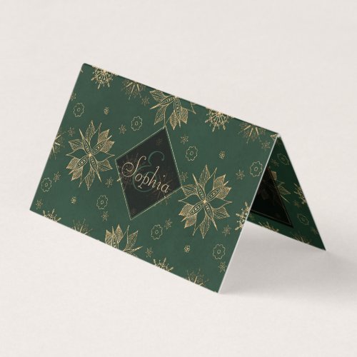 Elegant Gold Green Poinsettias Snowflakes Design Business Card