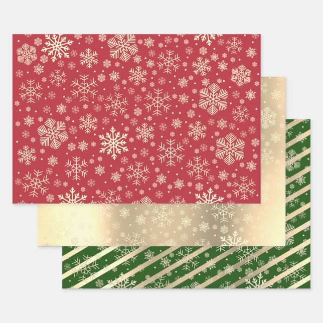 Elegant Gold Green Red Christmas Snowflake Pattern Wrapping Paper Sheets (Set)