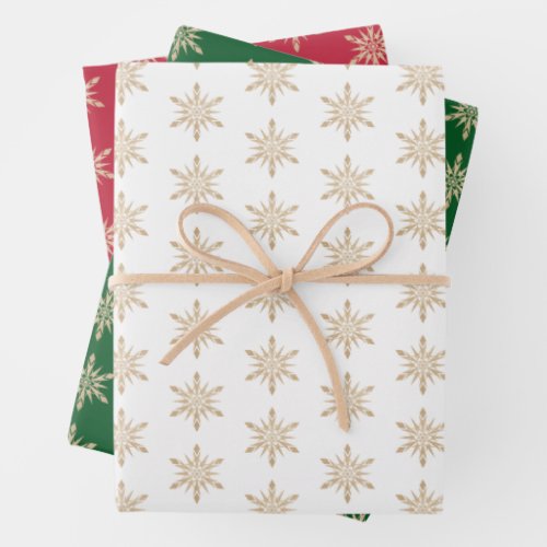 Elegant Gold Green Red Christmas Snowflake Pattern Wrapping Paper Sheets