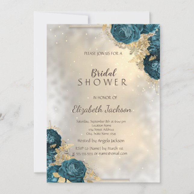 Elegant Gold Green Roses Bridal Shower Invitation (Front)