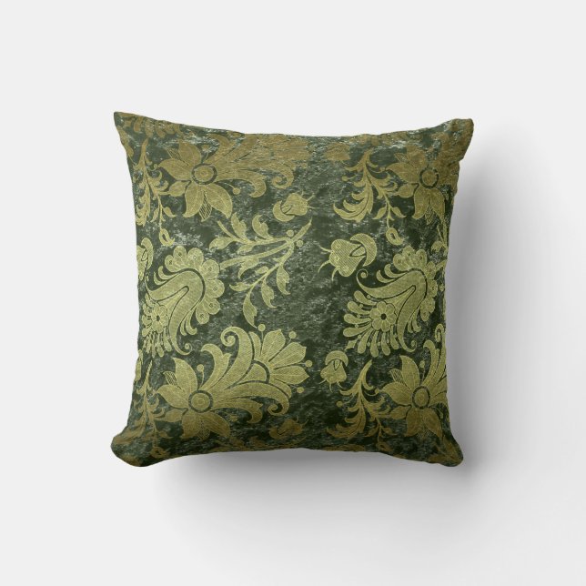 Elegant gold green royal damask floral pattern throw pillow (Front)