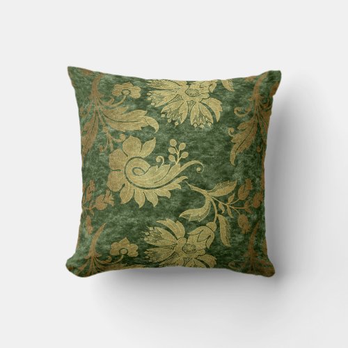 Elegant gold green royal damask floral pattern throw pillow