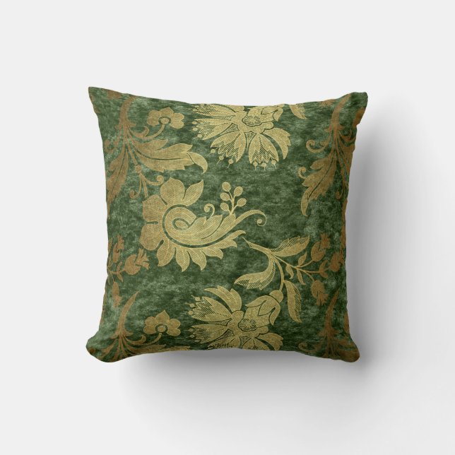 Elegant gold green royal damask floral pattern throw pillow (Front)