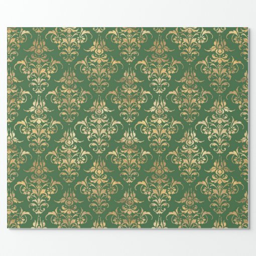 Elegant gold green royal damask floral pattern wrapping paper | Zazzle