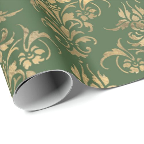 Elegant gold green royal damask floral pattern wrapping paper