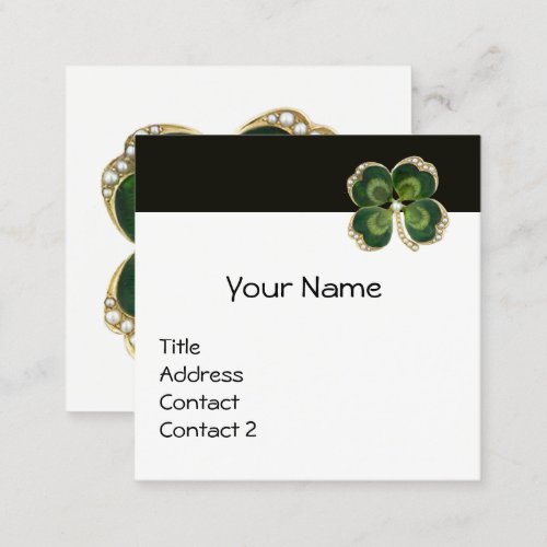 ELEGANT GOLD GREEN SHAMROCK JEWEL AND PEARLS White Square Business Card