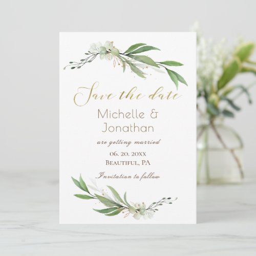 Elegant Gold Green Simple Floral Inspirational Save The Date