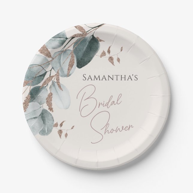 Elegant Gold Green Sparkling Leaves Bridal Shower Paper Plates (Front)