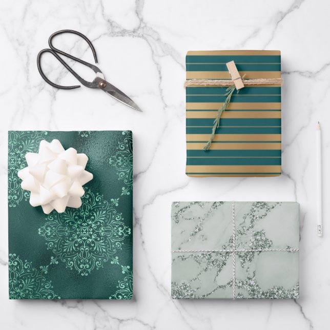 Elegant Gold Green Stripes Glitter Damask Gift Wrapping Paper Sheets (Front)