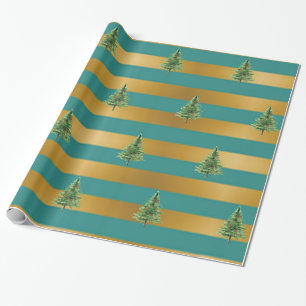 Elegant Gold Green Stripes, Pine Trees,Holiday Wrapping Paper