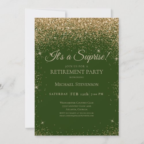 Elegant Gold Green Surprise Retirement Party Invitation