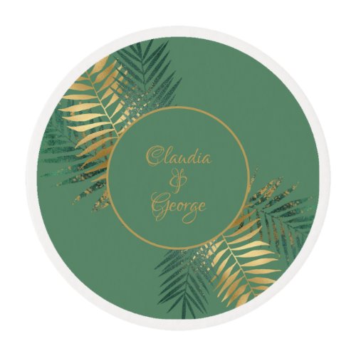 Elegant Gold Green Tropical Plants Leaves Wedding Edible Frosting Rounds