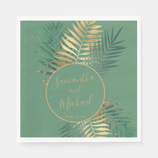 Elegant Gold Green Tropical Plants Leaves Wedding Napkins (Front)