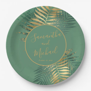 Elegant Gold Green Tropical Plants Leaves Wedding Paper Plates