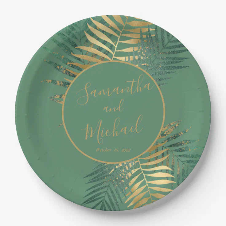 Elegant Gold Green Tropical Plants Leaves Wedding Paper Plates Zazzle