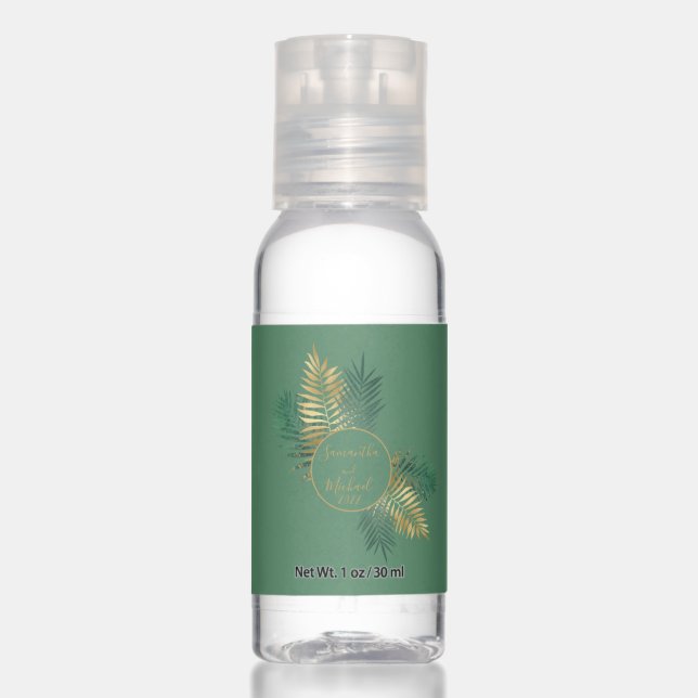 Elegant Gold Green Tropical Plants Wedding Hand Sanitizer (Front)