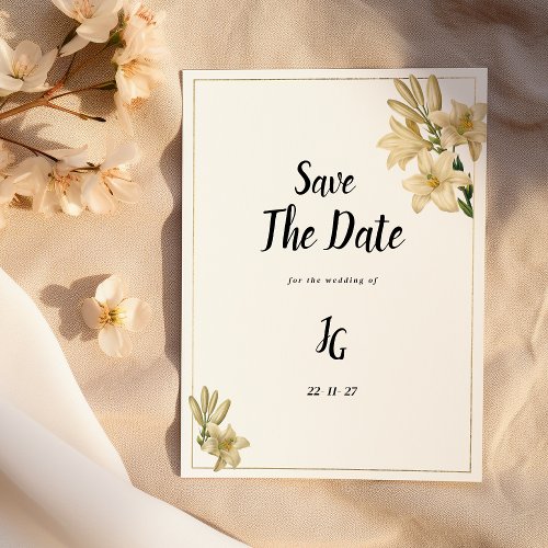 Elegant gold green white lily flower Save The Date Invitation