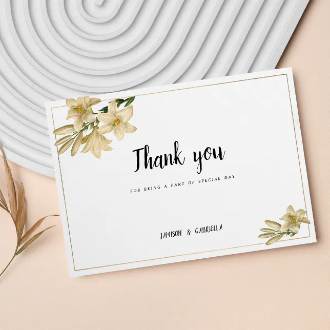 Elegant gold green white lily flower Thank You Invitation | Zazzle