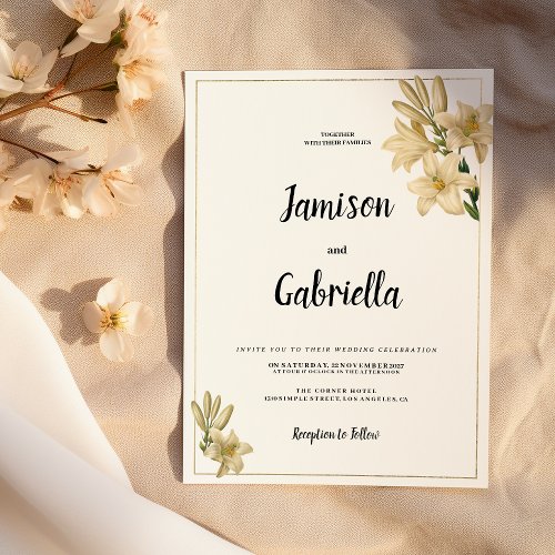 Elegant gold green white lily flower Wedding  Invitation