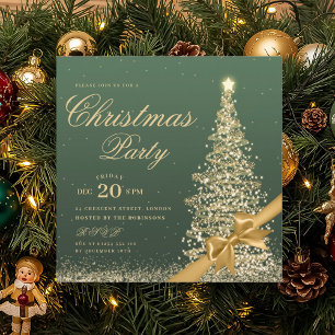 Elegant Gold Green Winter Christmas Tree Bow Invitation