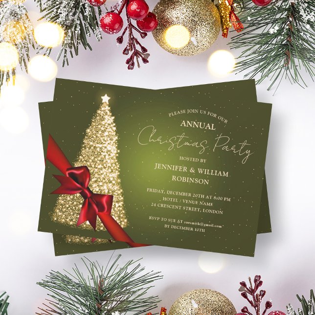 Elegant Gold Green Xmas Tree Ribbon Holiday Party Invitation (Elegant Gold Green Xmas Tree Ribbon Holiday Party Invitation)